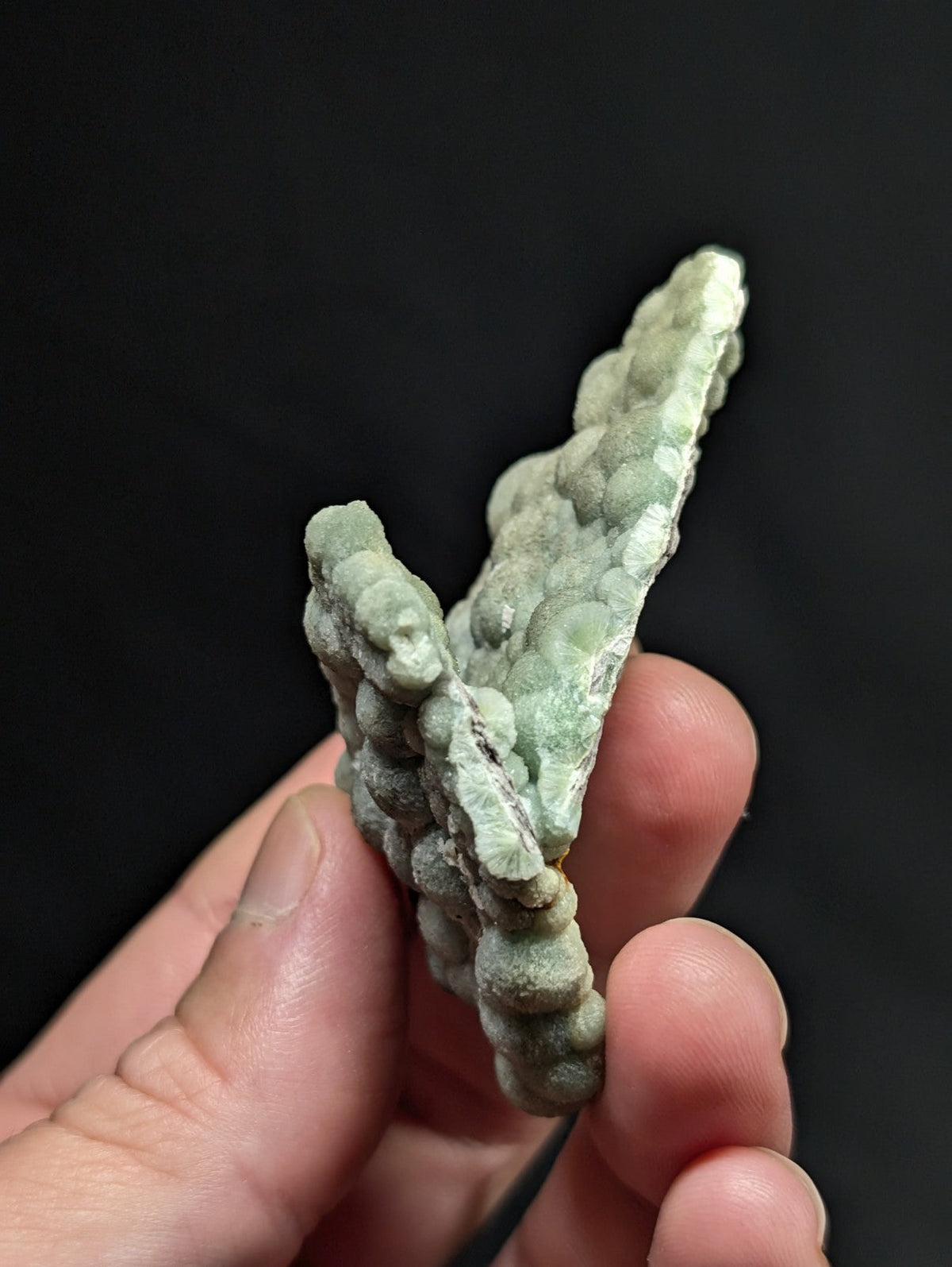 A pale green, textured mineral specimen with a bumpy, clustered surface held in hand.
