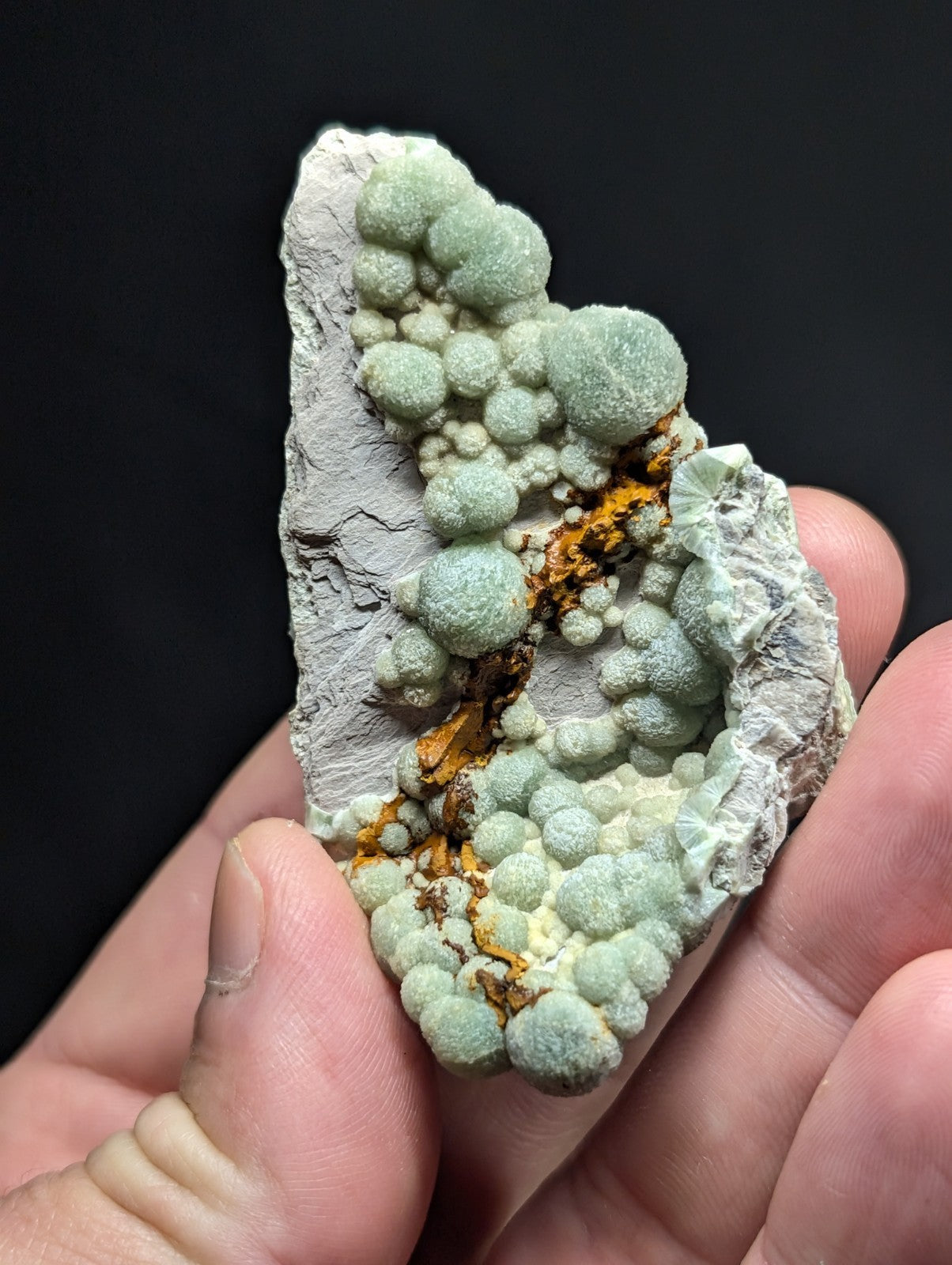 A hand holds a geological specimen featuring clusters of pale green, spherical formations growing from a grayish rock matrix with streaks of orange mineral.