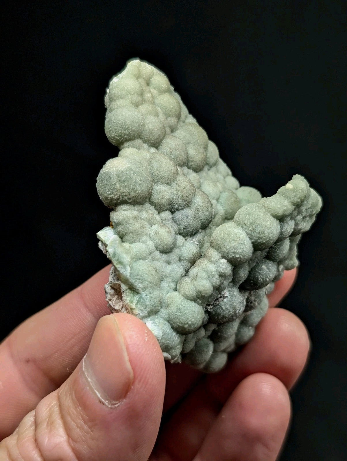 A pale green, textured mineral specimen with a bumpy, clustered surface held in hand.