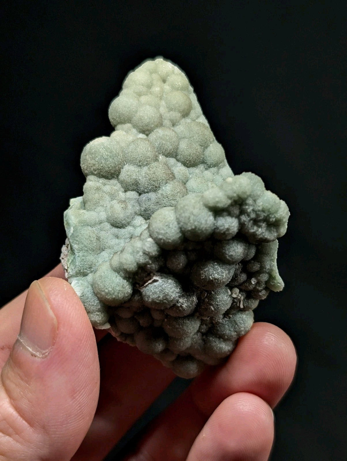 A pale green, textured mineral specimen with a bumpy, cauliflower-like surface.
