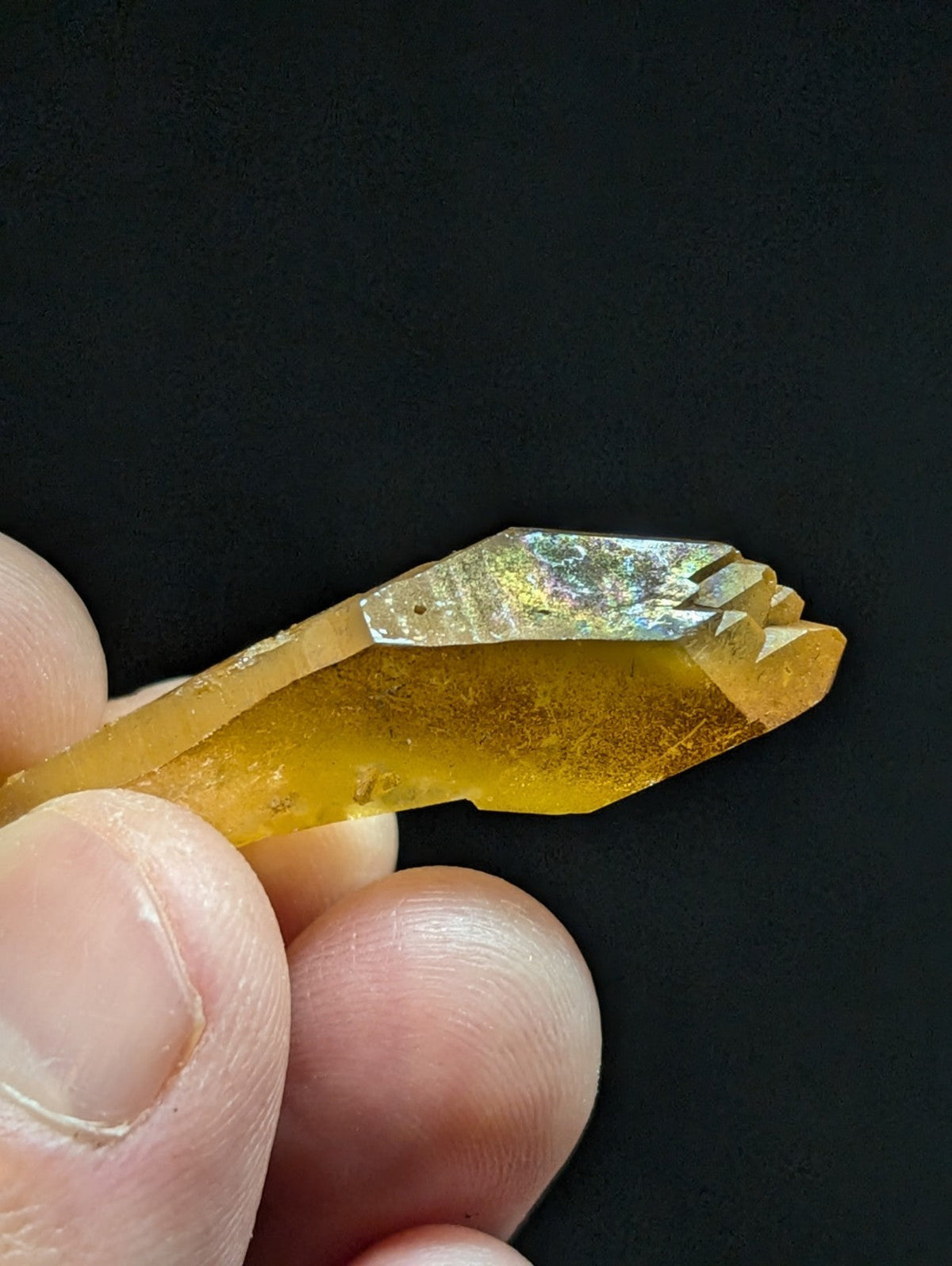 A translucent golden-yellow crystal with a faceted, iridescent tip held between fingers.
