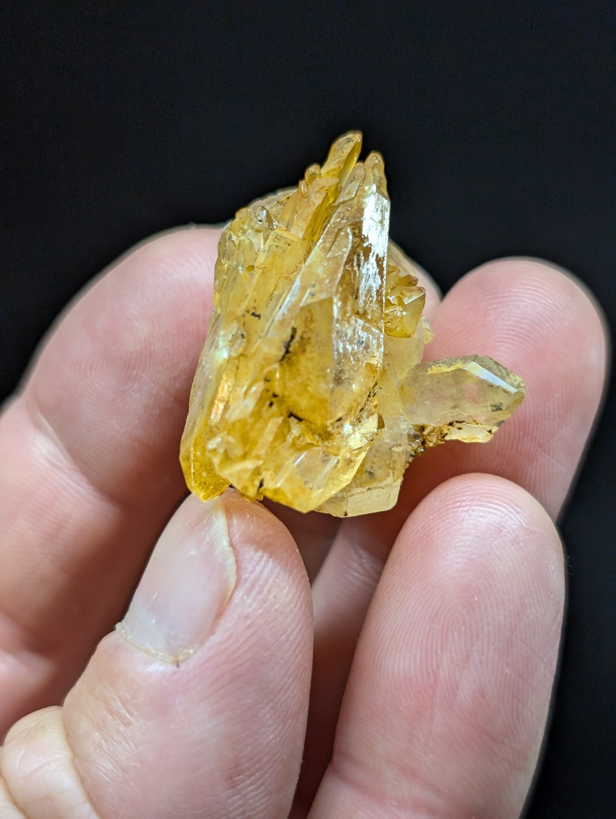 A translucent yellow crystal cluster with sharp, faceted points and subtle internal inclusions.