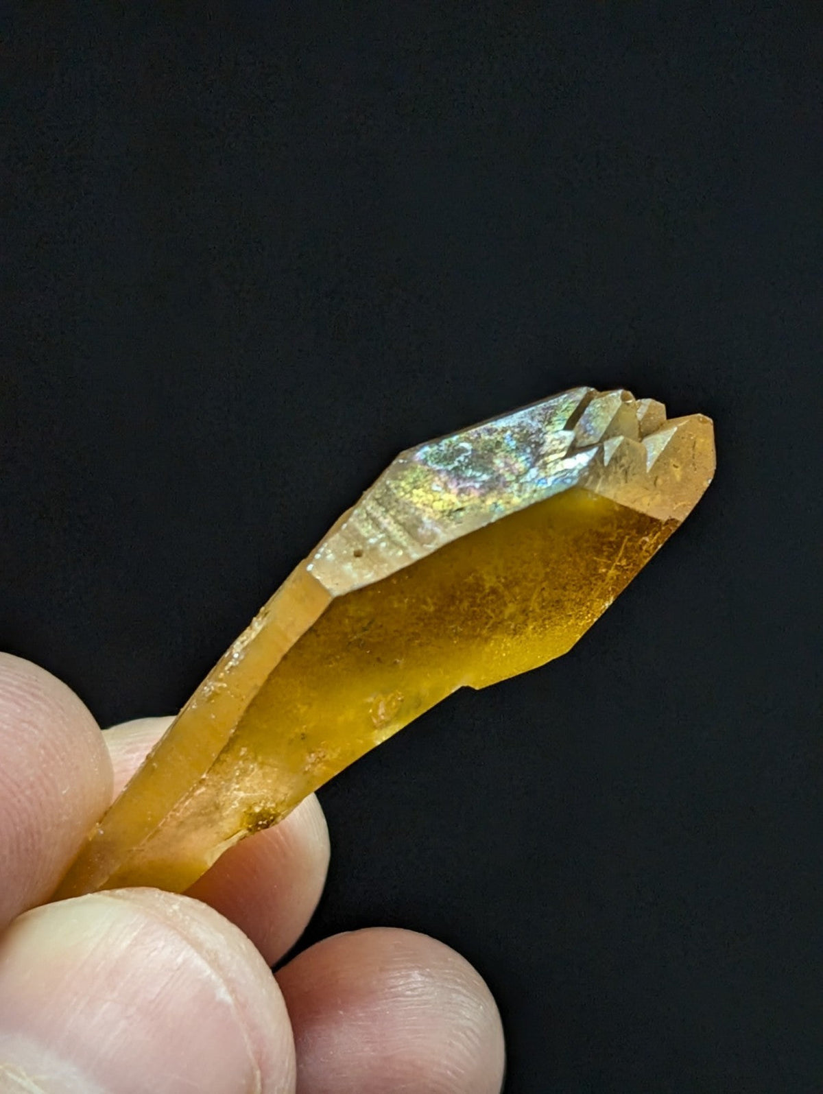 A translucent golden-yellow crystal with a faceted, iridescent tip held gently between fingers.