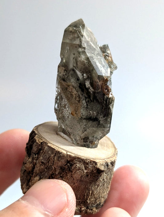 A translucent gray quartz crystal with sharp facets and natural inclusions, mounted on a rustic wooden base.