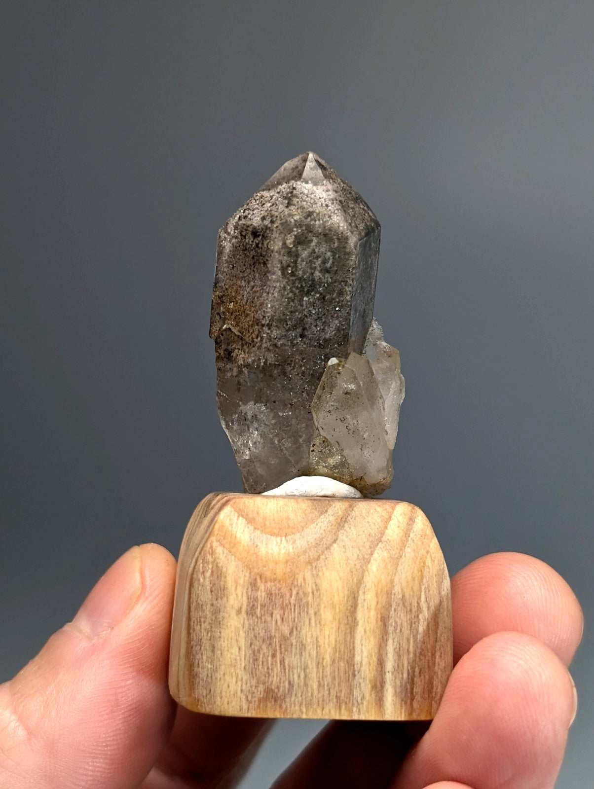 A polished translucent gray phantom quartz crystal with natural inclusions on a custom light wood mount from Arkansas