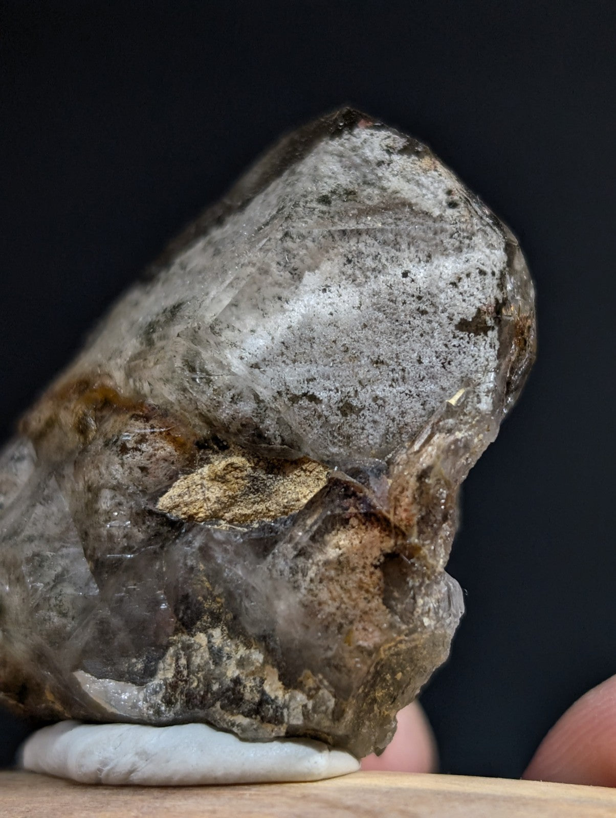A rough, translucent gray crystal with golden inclusions and a natural, jagged surface.