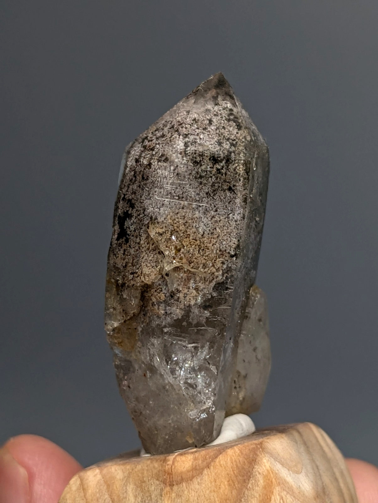 Unique phantom quartz translucent smoky quartz crystal with natural inclusions on custom wood mount from Arkansas