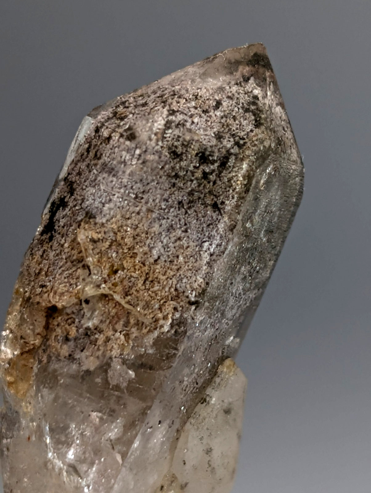 Unique phantom quartz crystal with natural inclusions and brownish gray veining on custom wood mount from arkansas