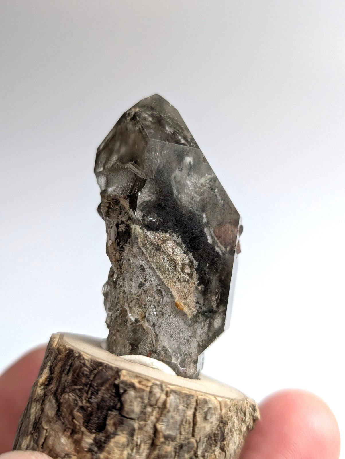 A dark, translucent smoky quartz crystal with natural inclusions and a rough, faceted surface mounted on a rustic wooden base.