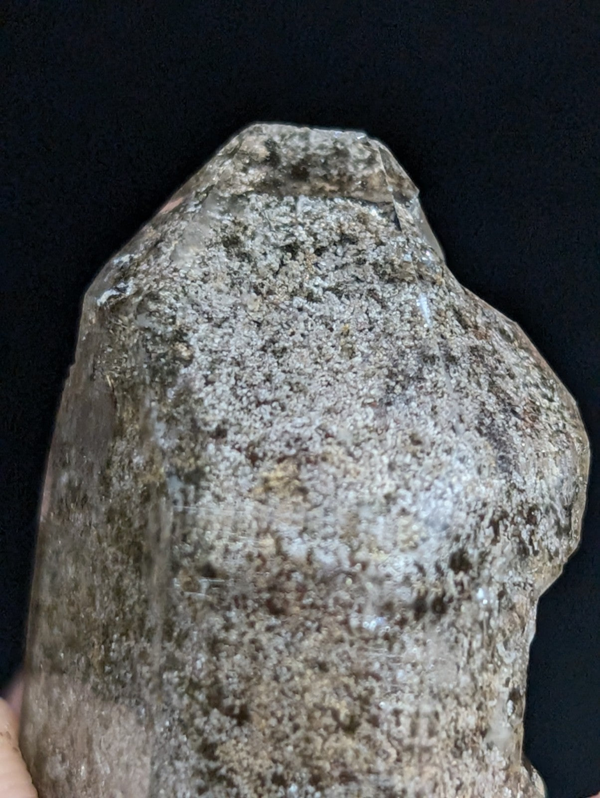 A rough, translucent quartz crystal with a speckled gray and white surface.