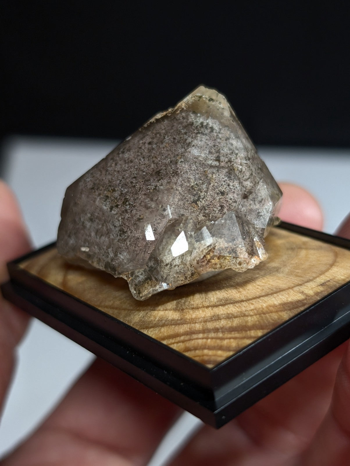 A translucent, grayish-brown crystal with a rough, faceted surface rests on a wooden display base.