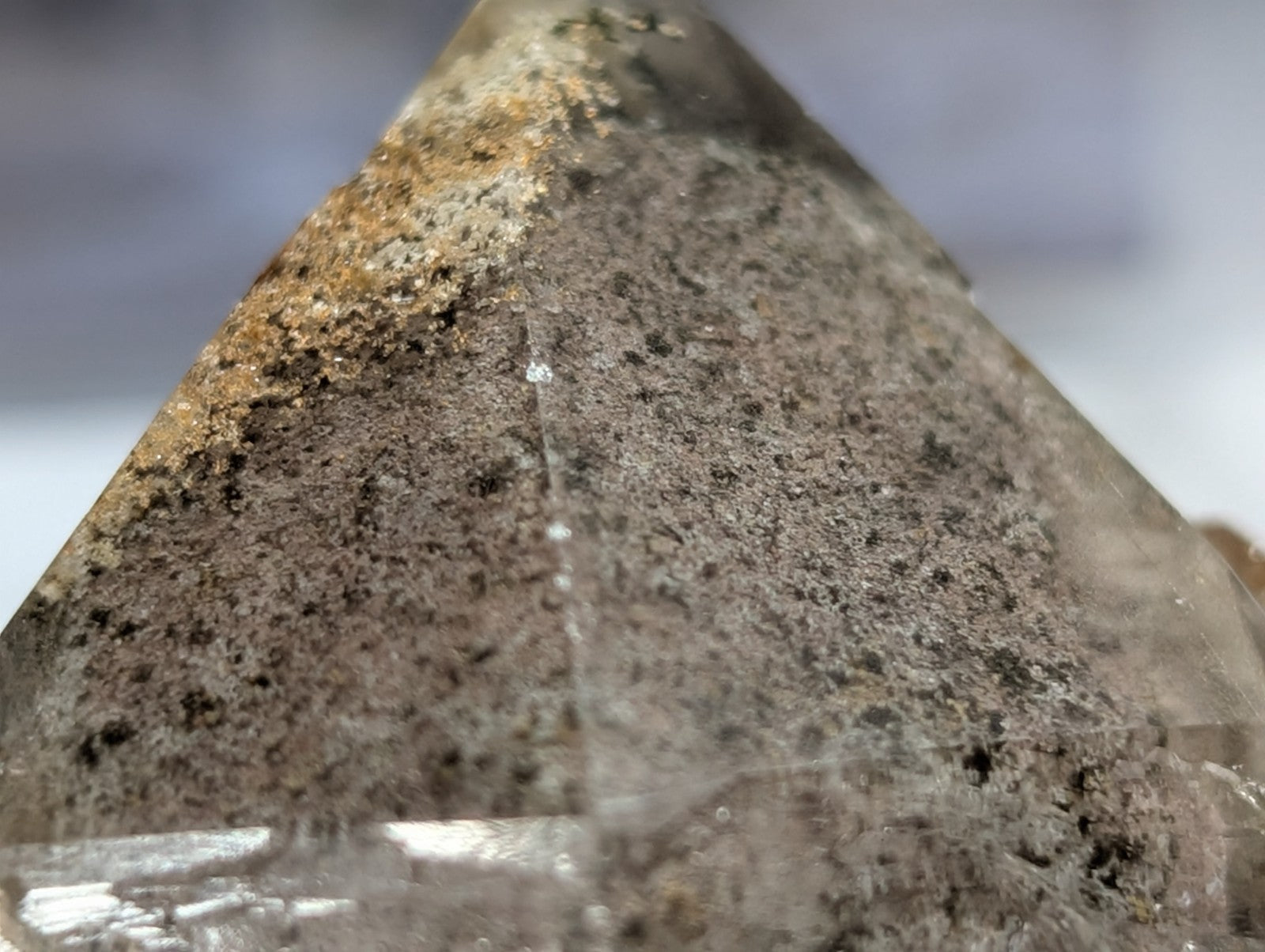 A translucent, grayish quartz crystal with a pointed tip and speckled surface.