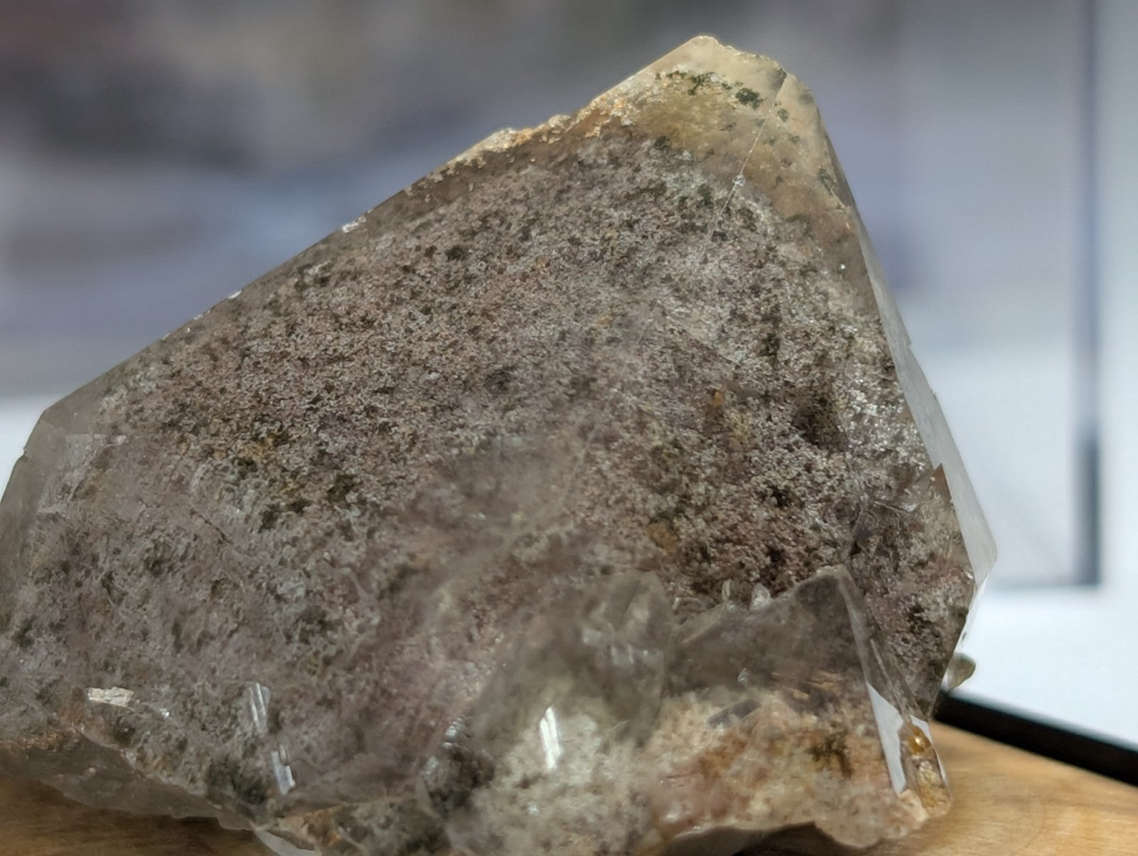 A translucent, grayish quartz crystal with a rough, speckled surface and angular facets.