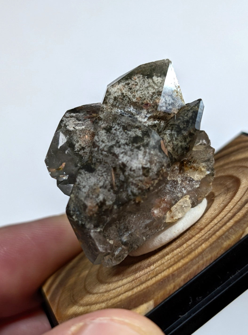 A dark, translucent crystal cluster with angular facets and speckled inclusions rests on a wooden display base.