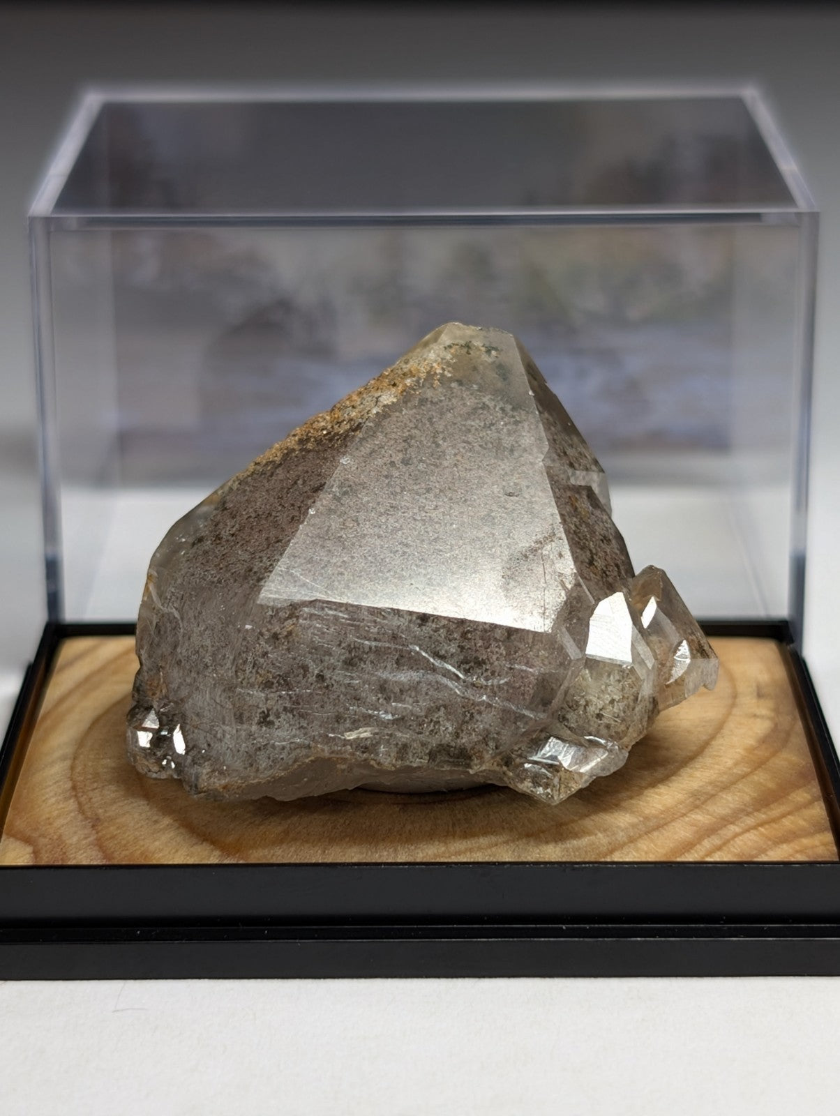 A translucent, grayish quartz crystal with sharp facets and a natural, rough texture sits displayed in an acrylic case on a wooden base.