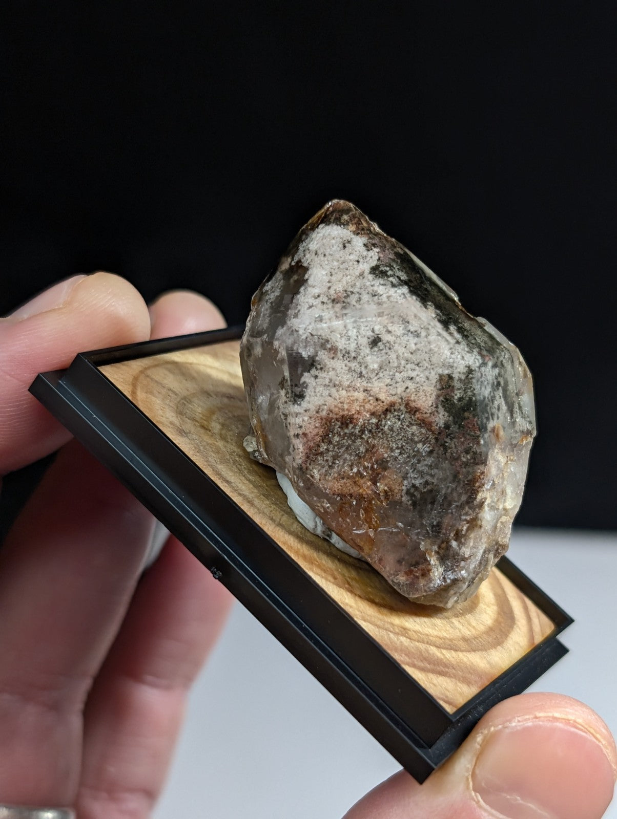 A rough, irregularly shaped mineral specimen with a mottled surface of gray, white, and brown hues is displayed in a minimalist black-framed wooden showcase.