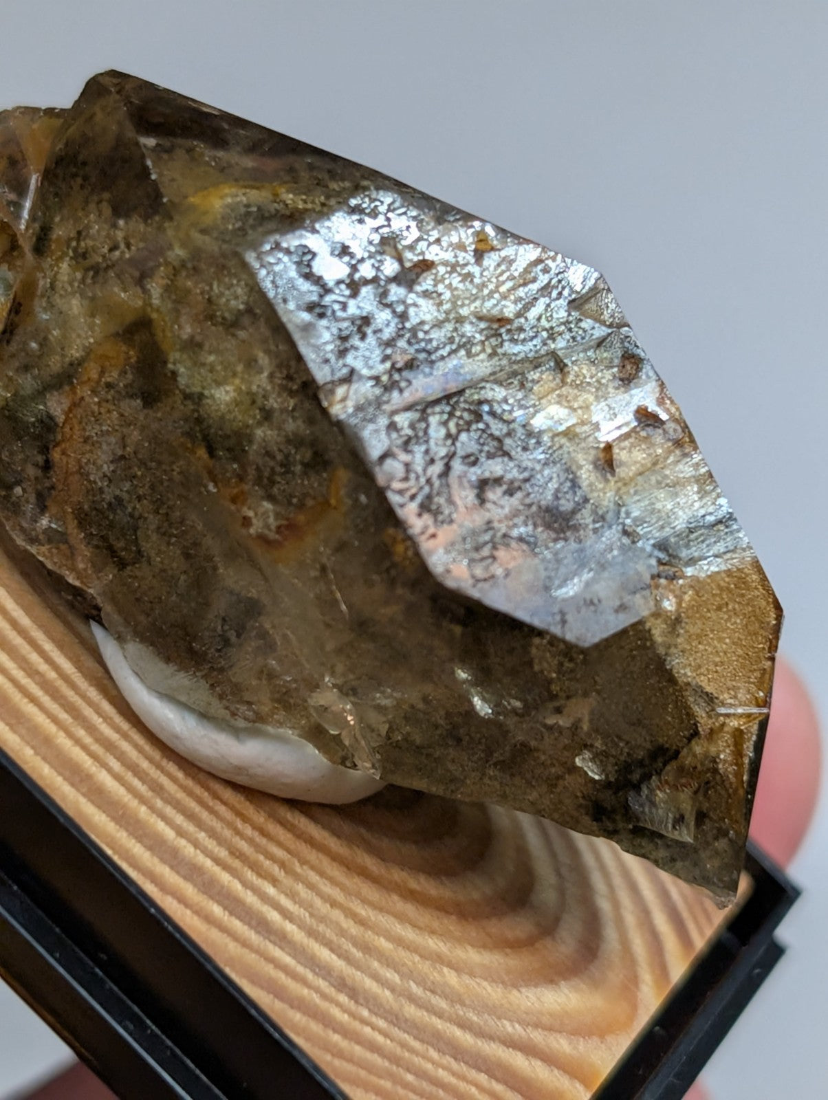 A translucent brown crystal with metallic silver inclusions and a rough, faceted surface.