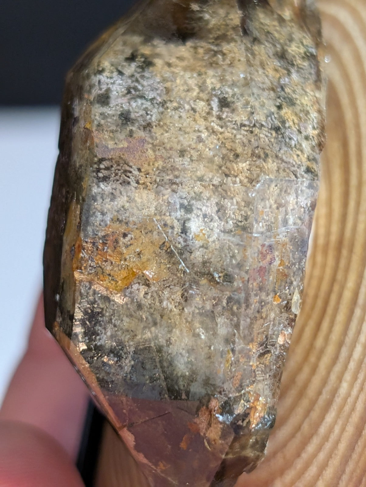 A rough, faceted quartz crystal with a translucent body displaying earthy tones of brown, yellow, and gray.