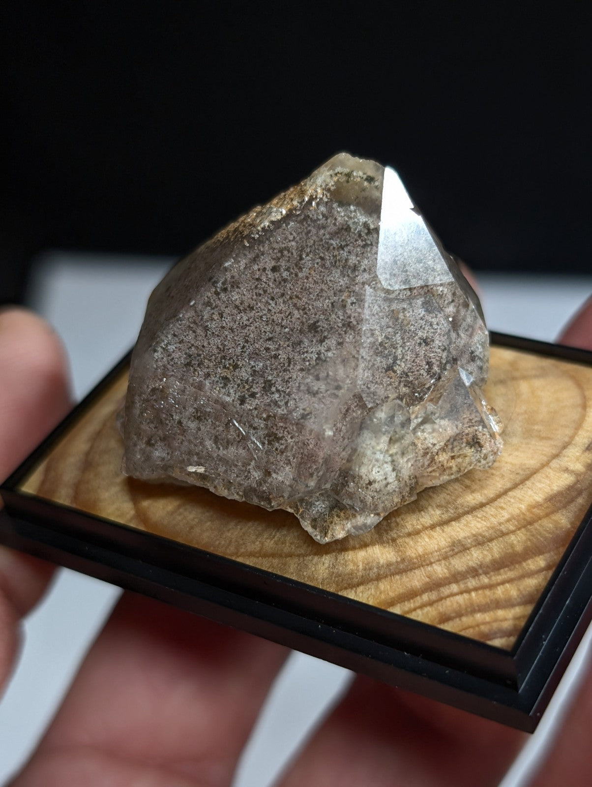 A translucent, grayish quartz crystal with a rough, speckled surface and sharp facets rests in a black-framed wooden display base.