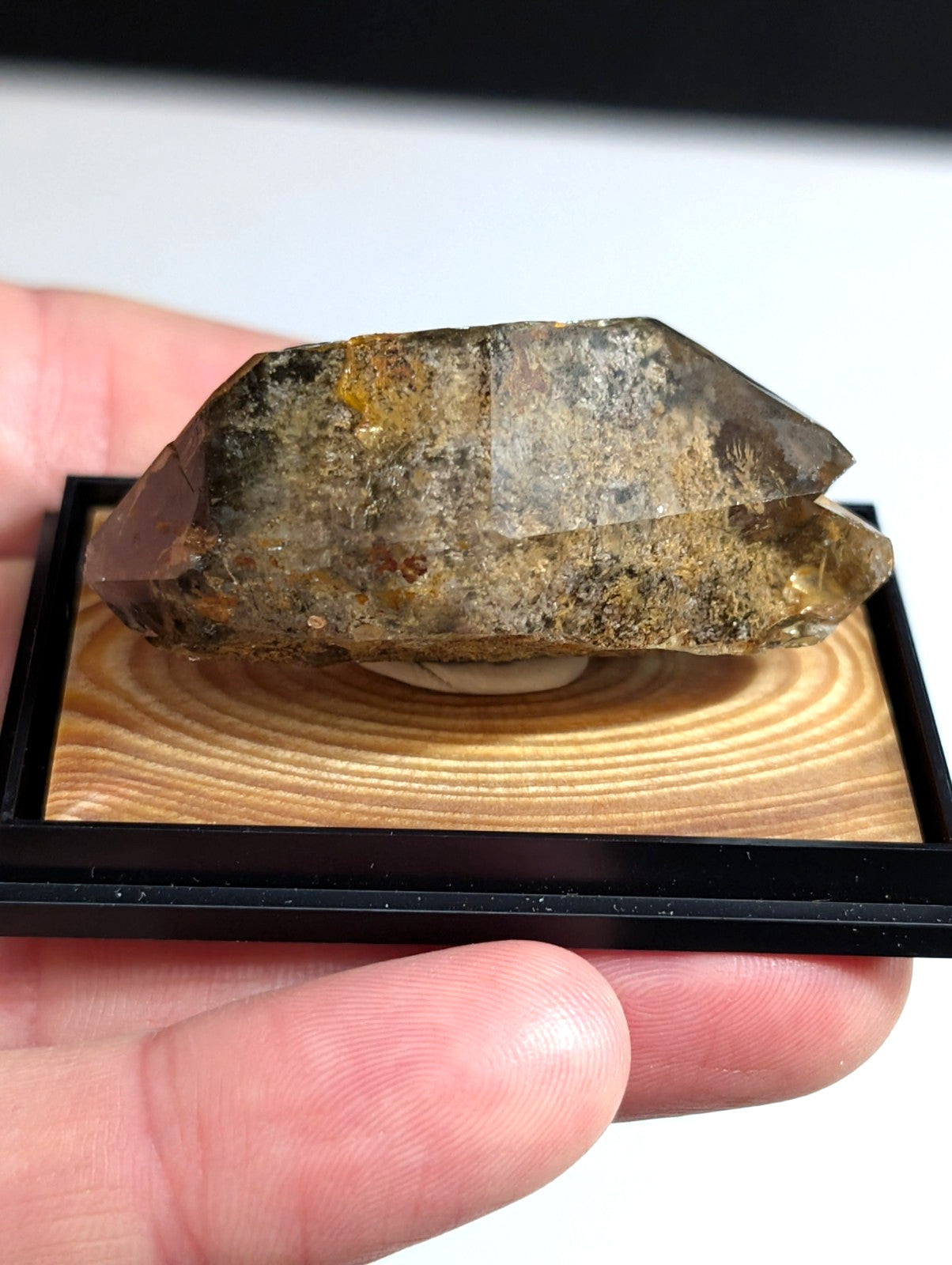 A translucent smoky quartz crystal with natural inclusions and a rough, faceted surface rests on a wooden display base.
