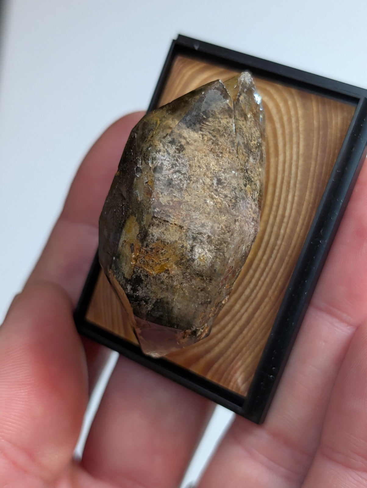 A hand holds a natural, rough-cut quartz crystal with translucent and cloudy brownish-yellow hues, displayed in a small black-framed wooden display case.