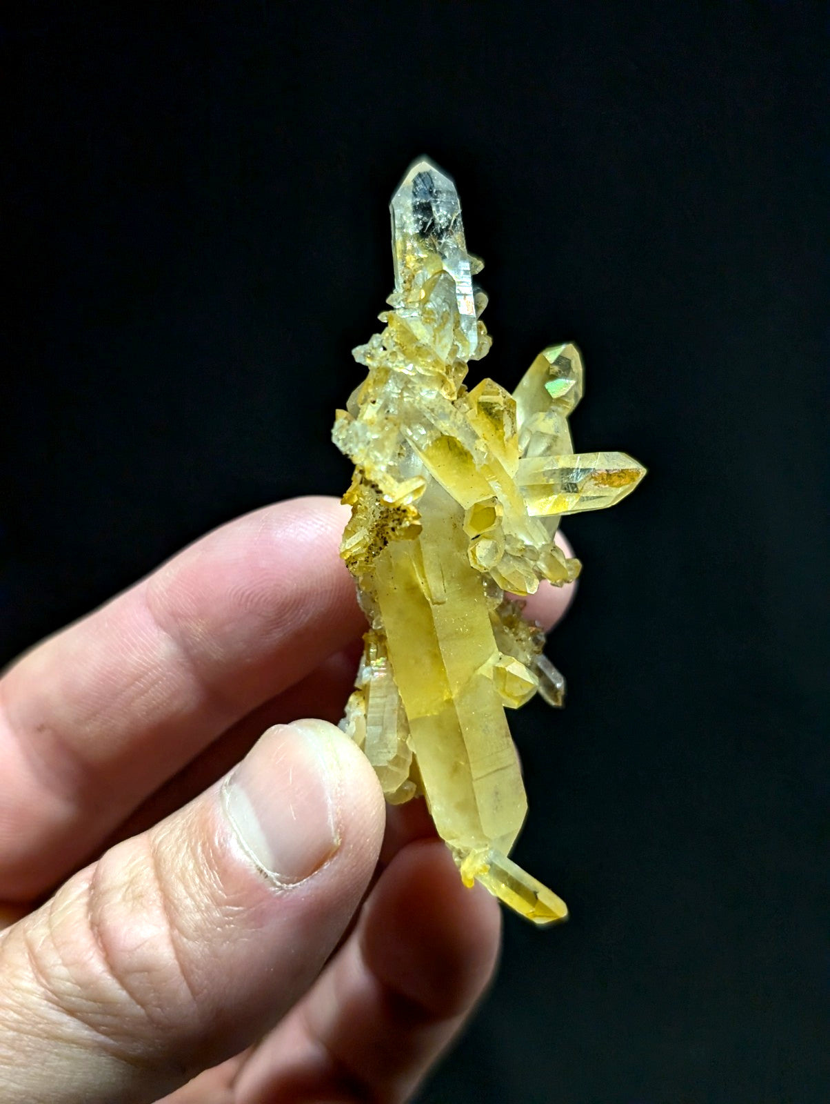 A translucent yellow crystal cluster with sharp, faceted points and a natural, earthy base.