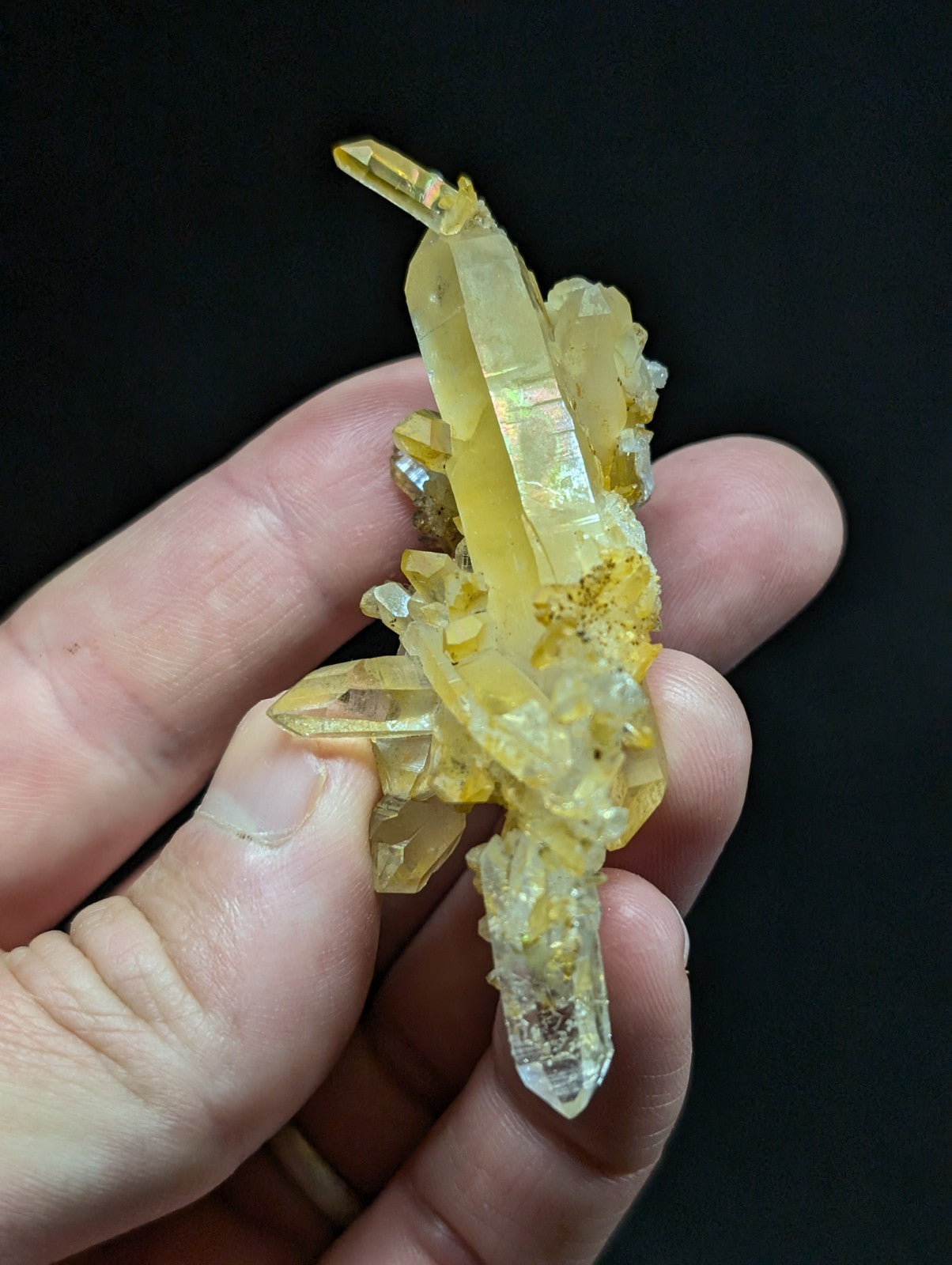 A translucent yellow crystal cluster with sharp, pointed facets and a mix of clear and amber hues.