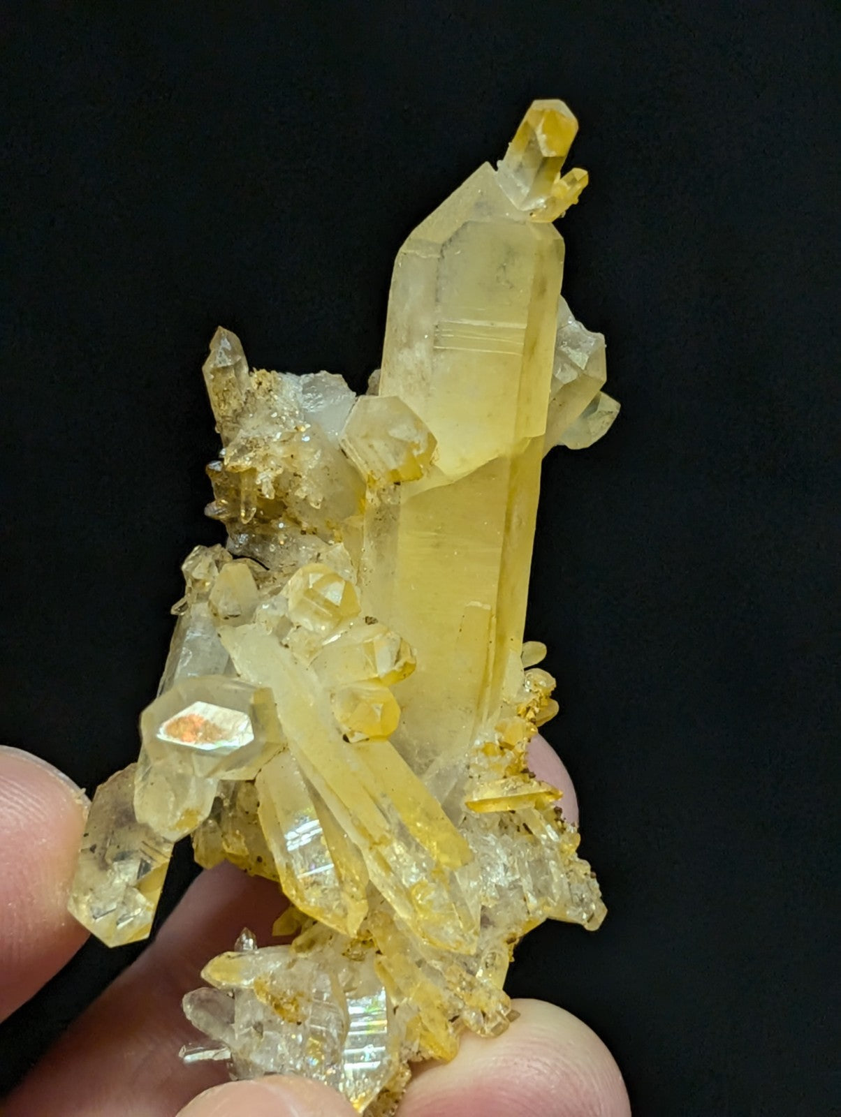 A translucent yellow crystal cluster with sharp, faceted points and a mix of clear and amber-hued formations.