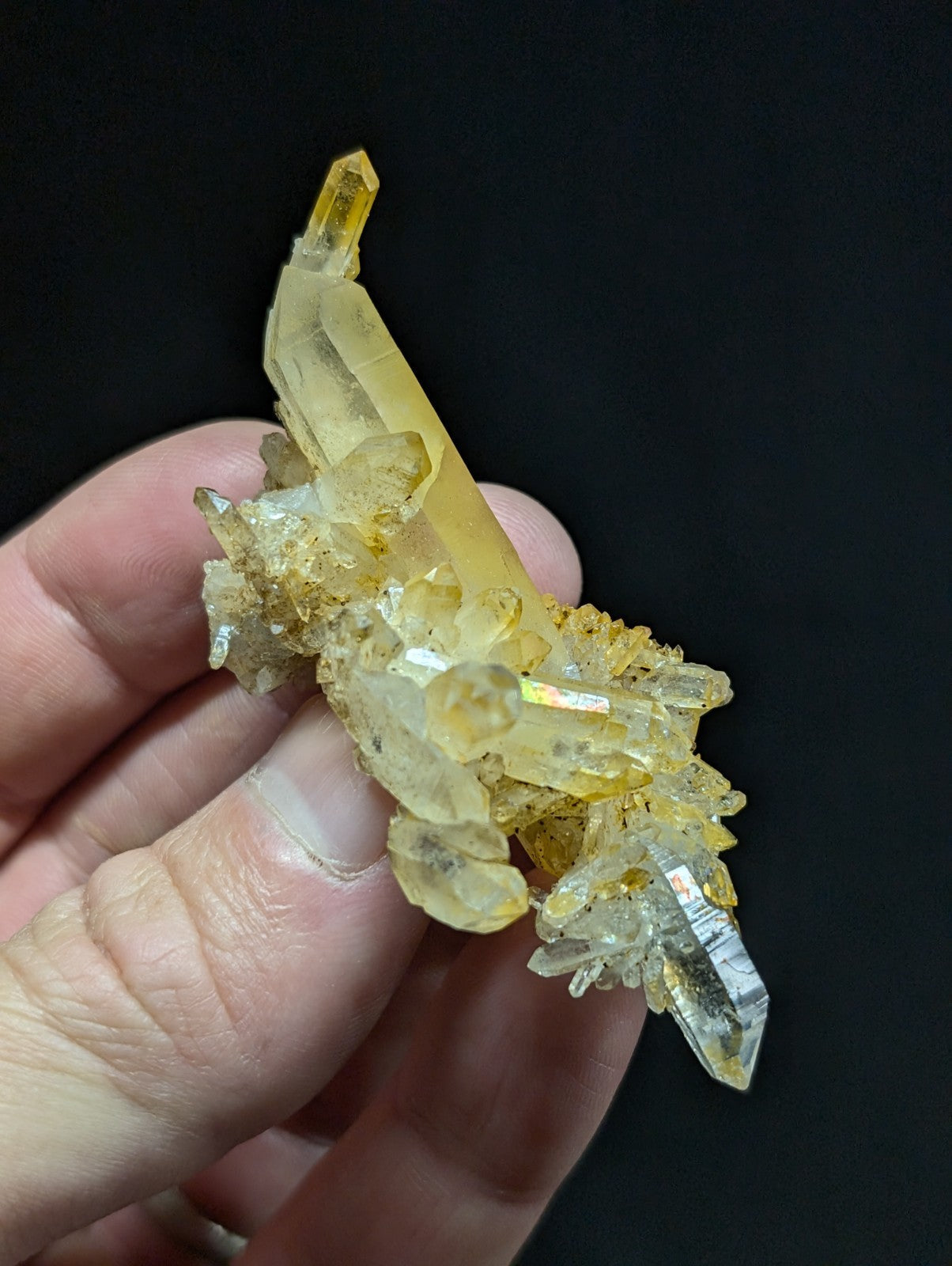 A translucent yellow and clear quartz crystal cluster with sharp, faceted points.
