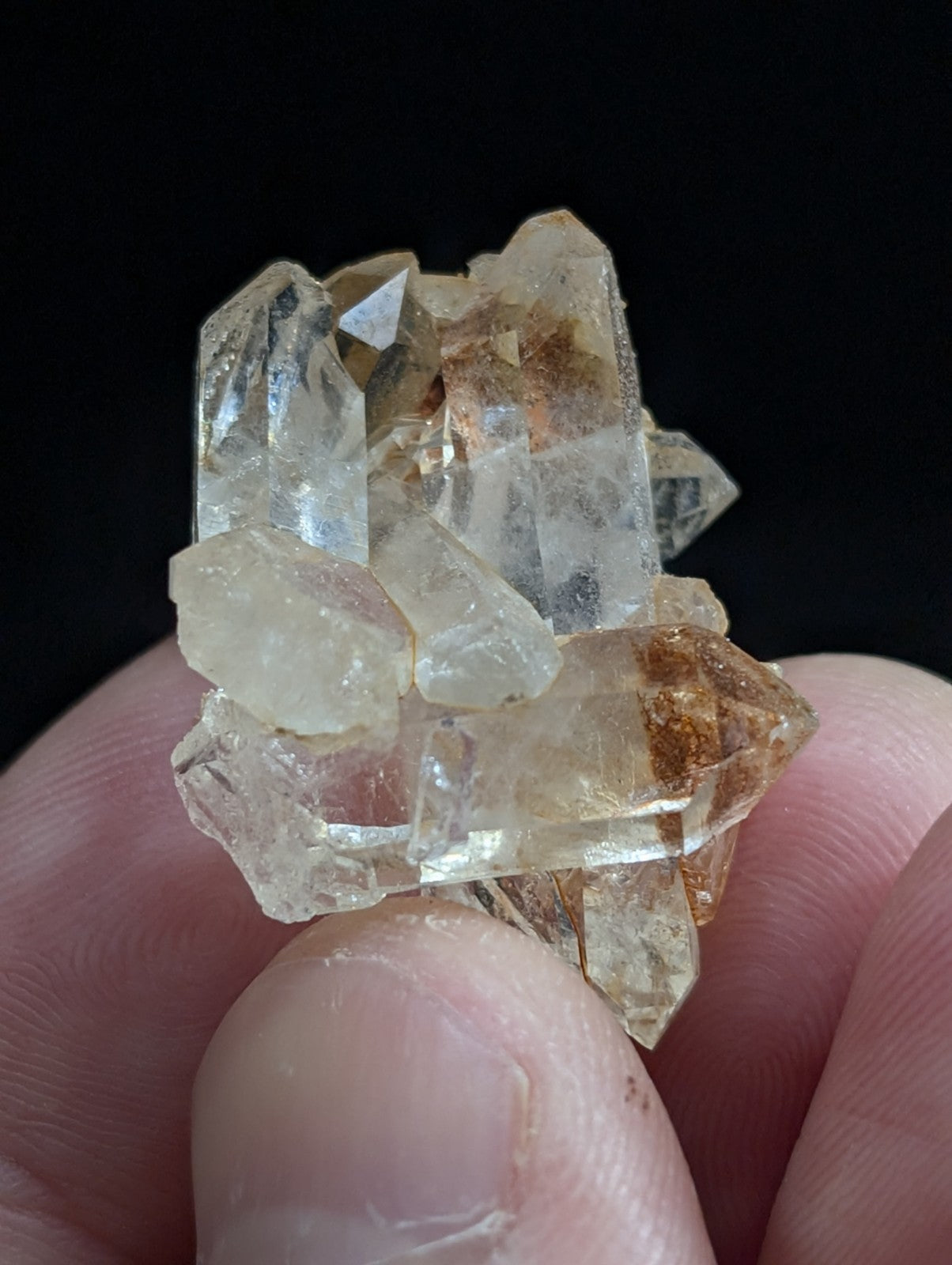 A cluster of translucent quartz crystals with clear, faceted points and subtle amber-brown inclusions.