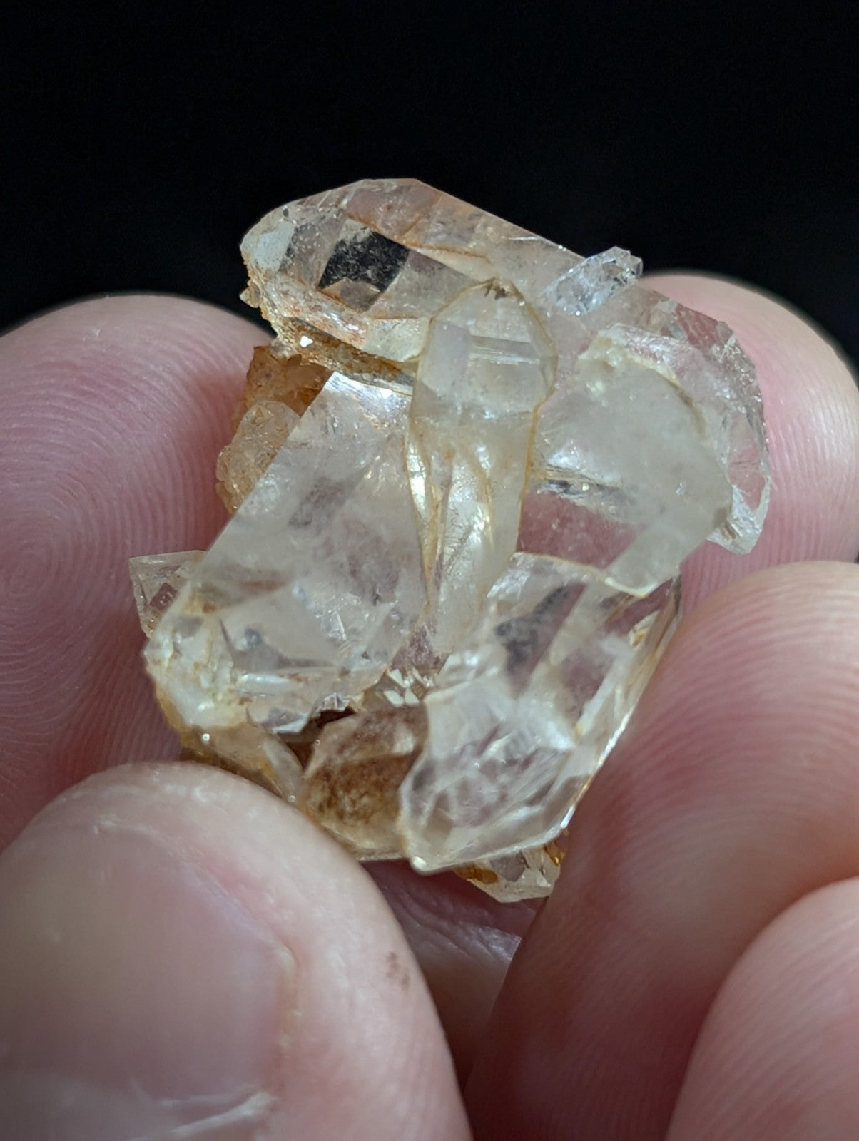 A cluster of translucent, pale yellow quartz crystals held in a hand.