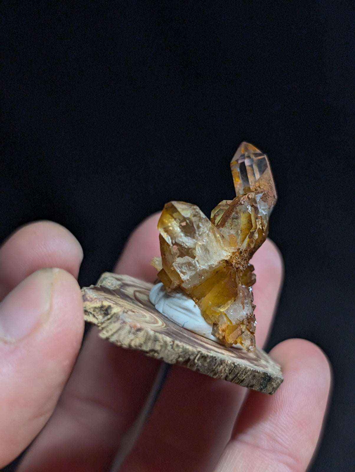 A hand holds a natural citrine crystal cluster with translucent amber and golden hues, mounted on a rustic wooden slice base.