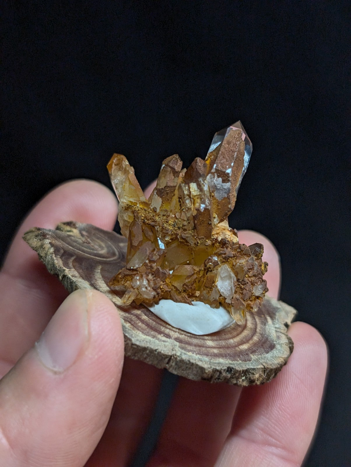 A cluster of translucent amber-colored quartz crystals with sharp, faceted points emerges from a rough-hewn wooden slice base.