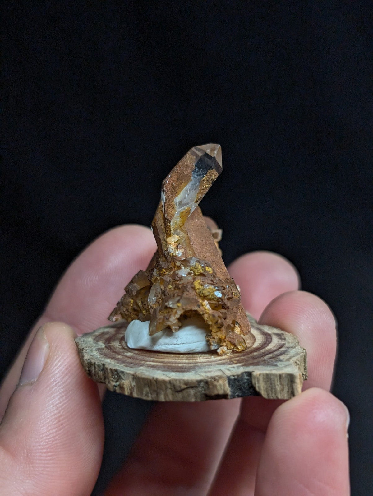 A translucent, amber-hued crystal formation with golden mineral inclusions rests atop a rustic wooden slice.
