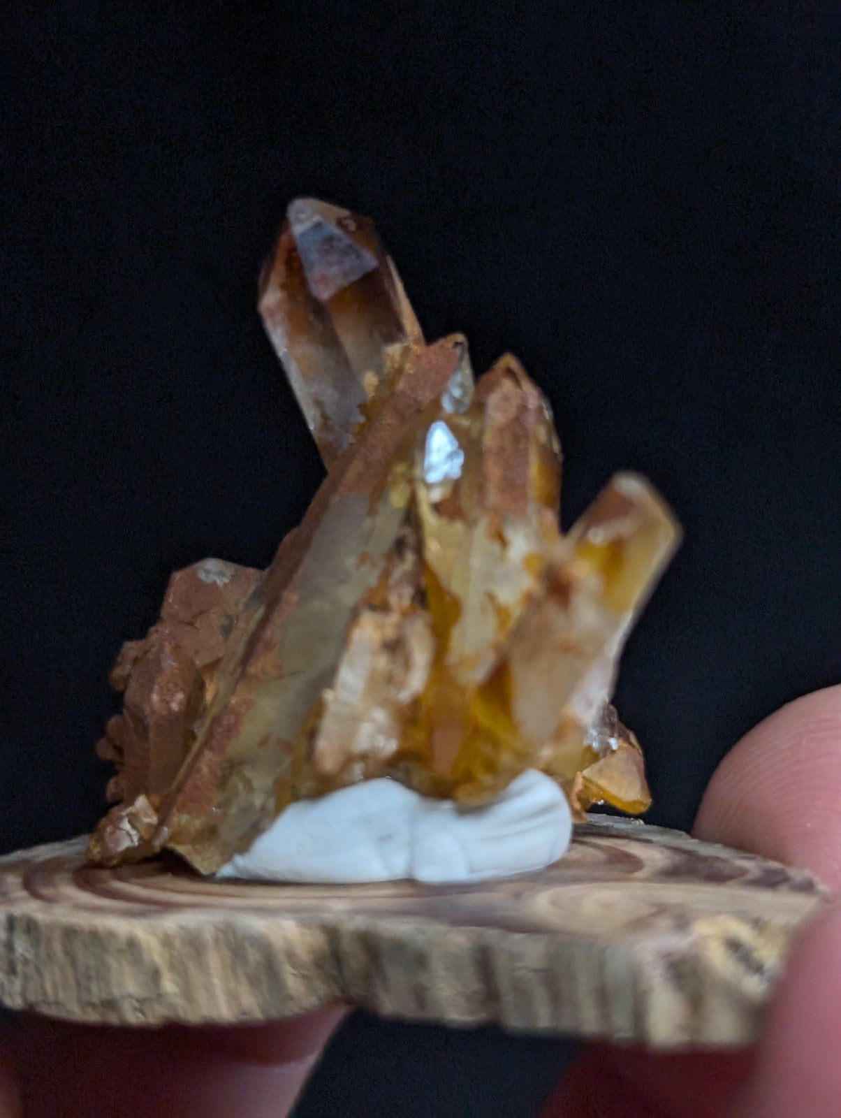 A cluster of translucent amber-colored quartz crystals with golden hues, mounted on a rustic wooden slice base.