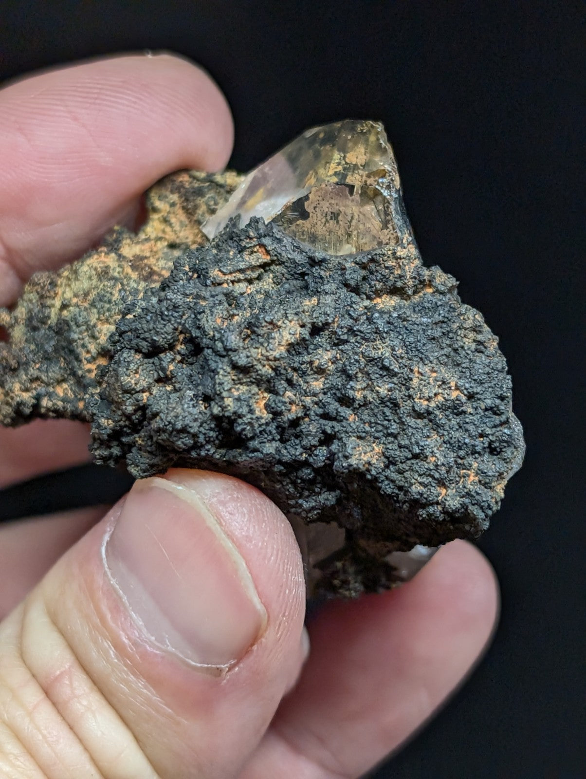 A hand holds a rough, dark gray mineral specimen with a translucent quartz crystal emerging from its surface.