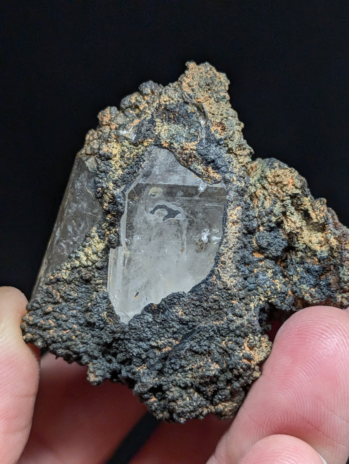 A clear quartz crystal embedded in a dark, textured matrix of mineral rock.