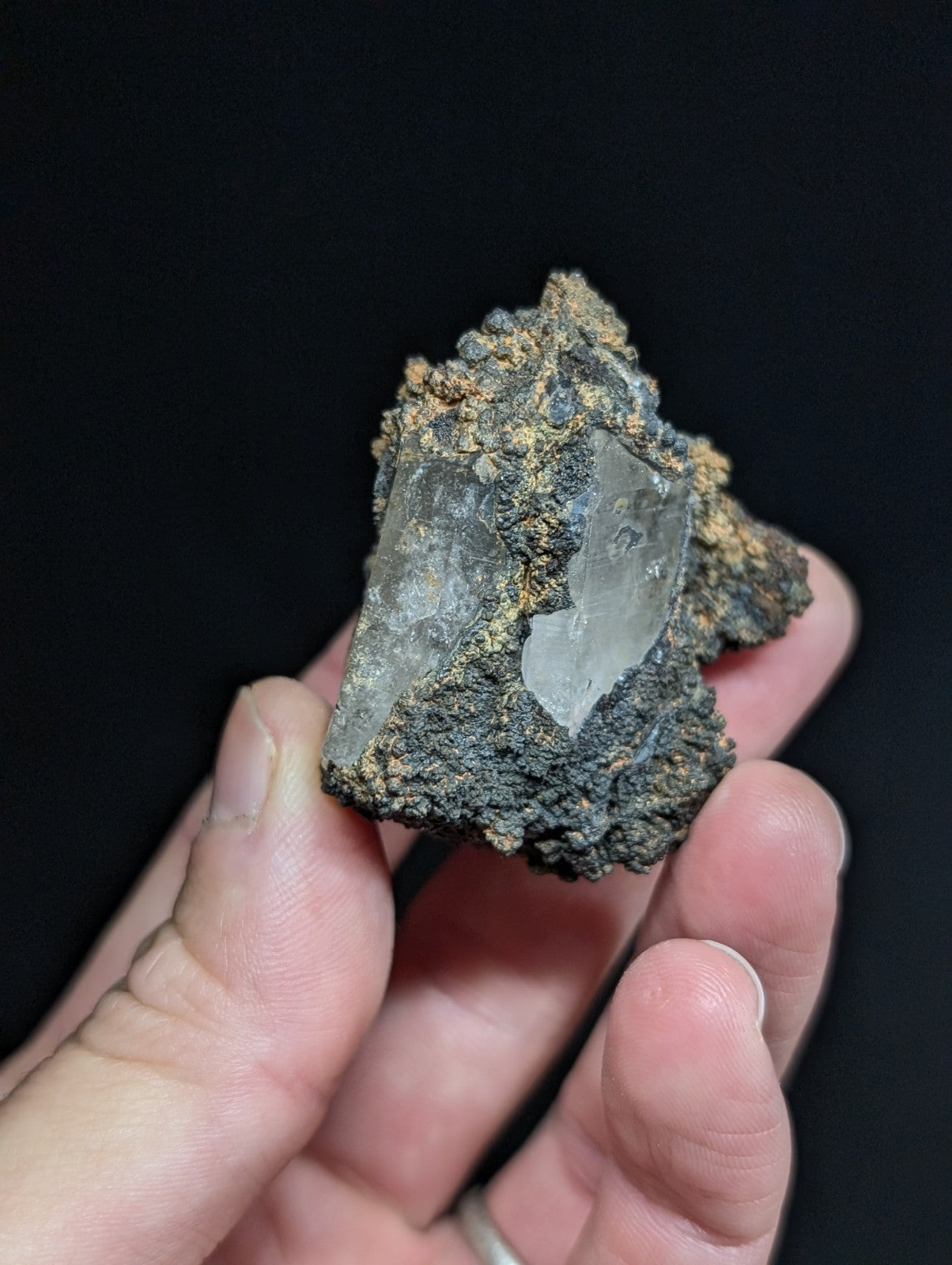 A translucent quartz crystal embedded in a dark, earthy matrix.