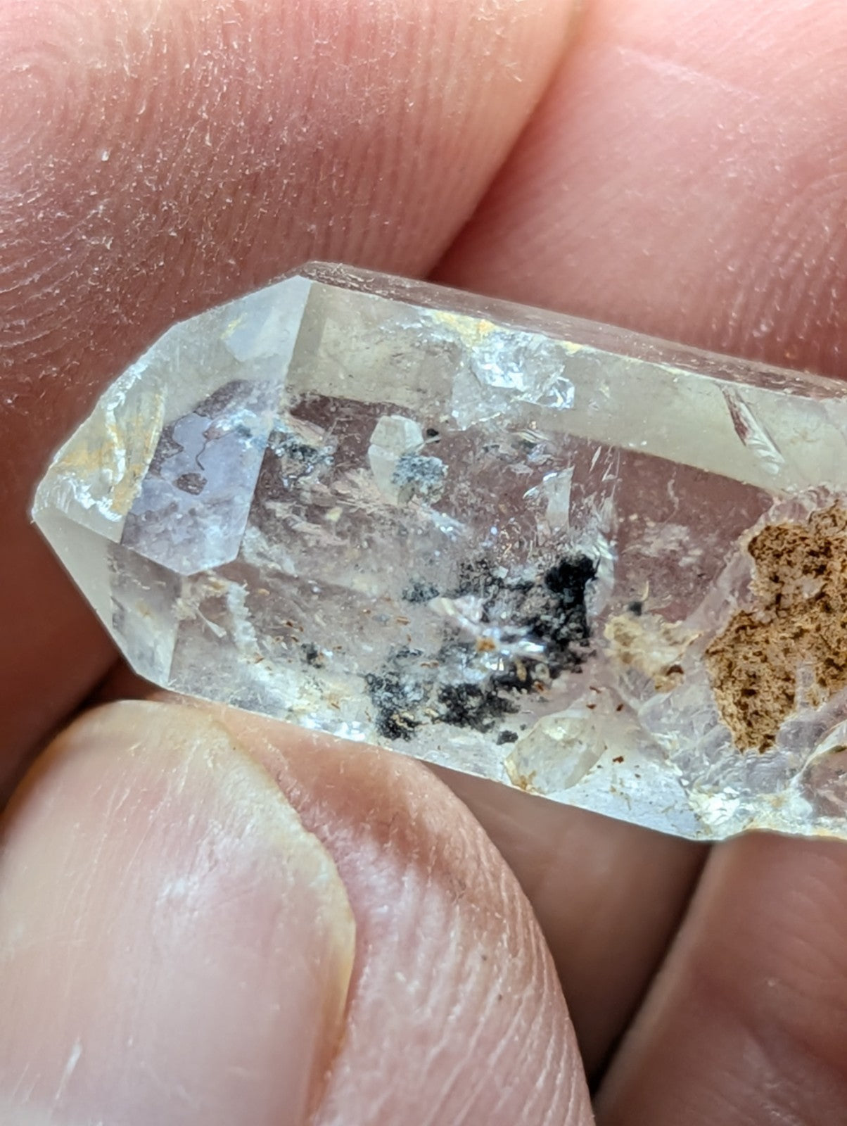 A clear quartz crystal with natural inclusions of dark and brown mineral deposits.