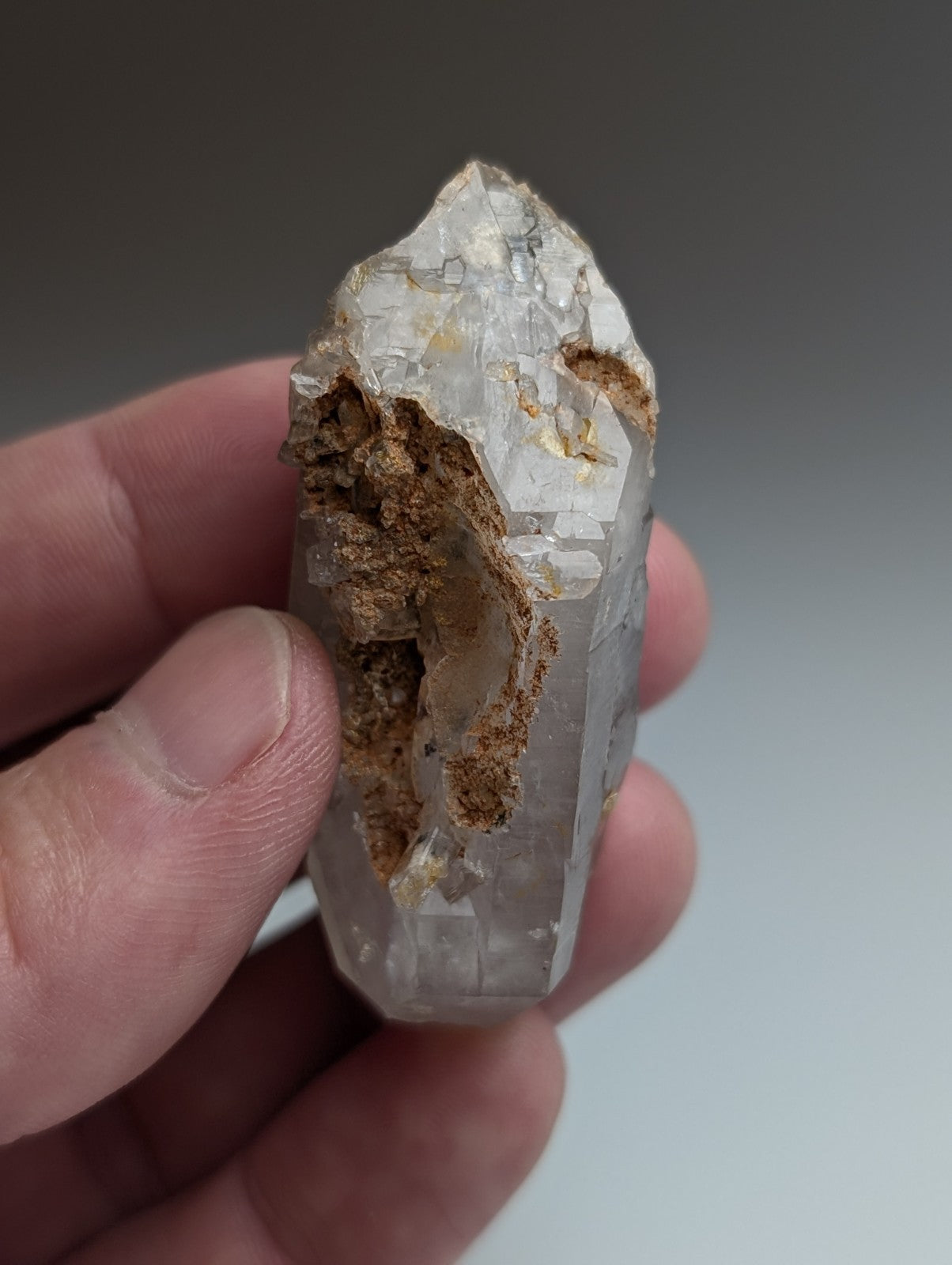 Unique quartz crystal with nacrite inclusions in translucent quartz featuring brownish and golden flecks from arkansas usa
