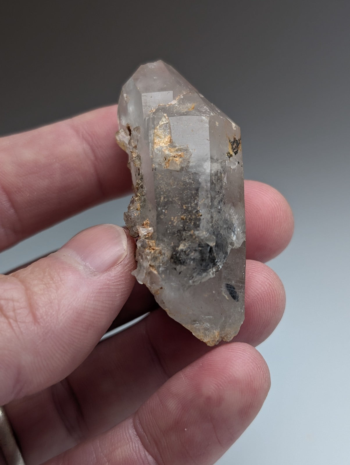 Unique clear quartz crystal with natural nacrite inclusions and golden mineral deposits from Montgomery County Arkansas
