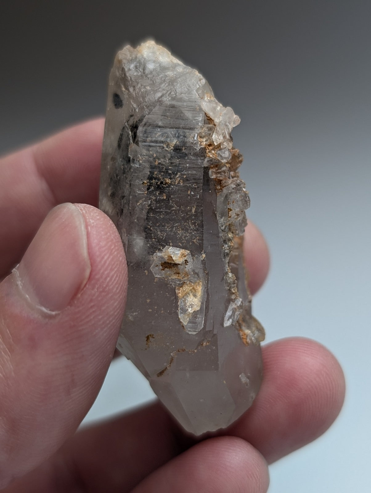 Unique quartz crystal with nacrite inclusions in grayish-white translucent quartz from montgomery county arkansas usa