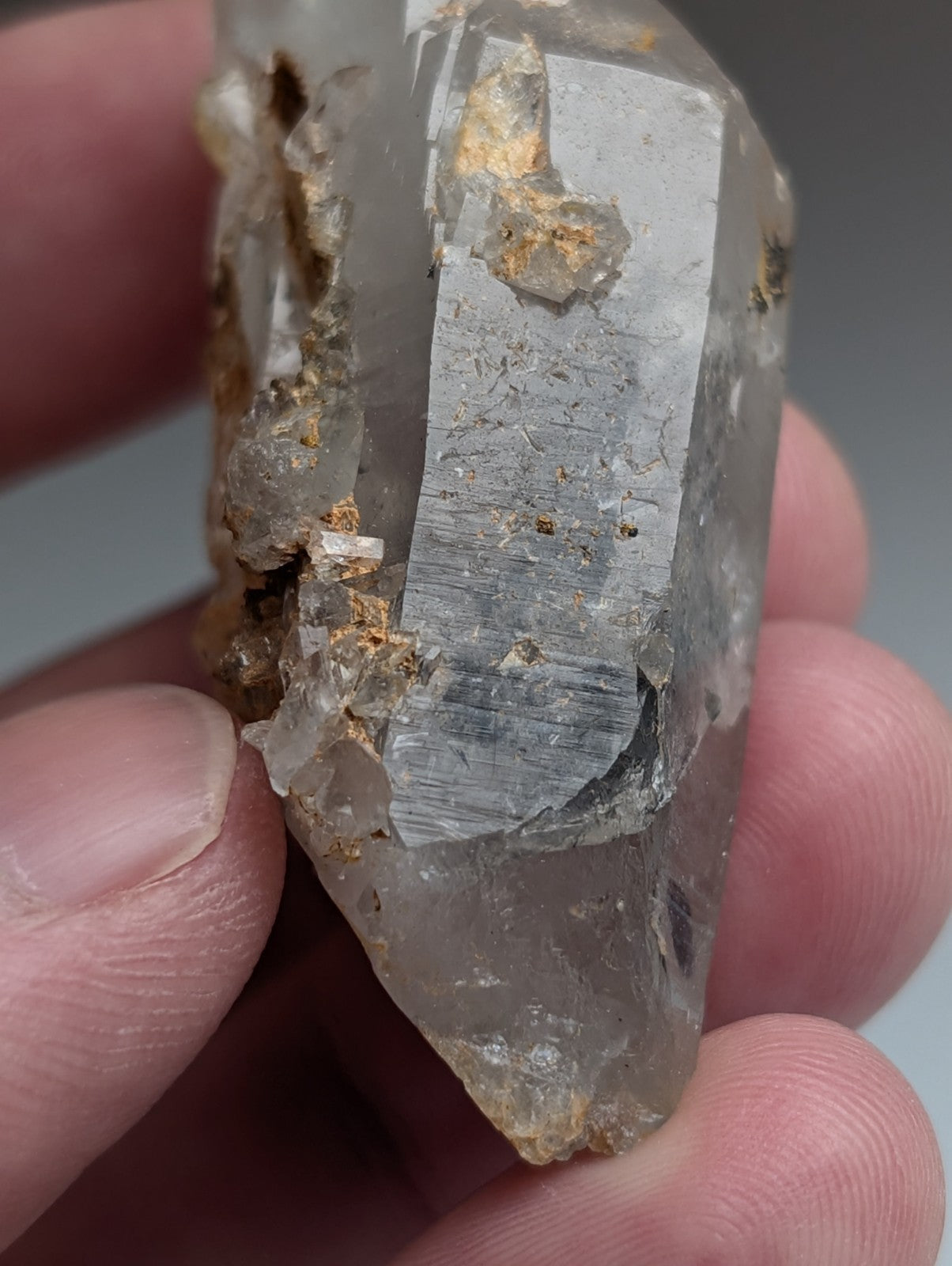Unique quartz crystal with nacrite inclusions showing translucent clear quartz and golden mineral deposits from arkansas