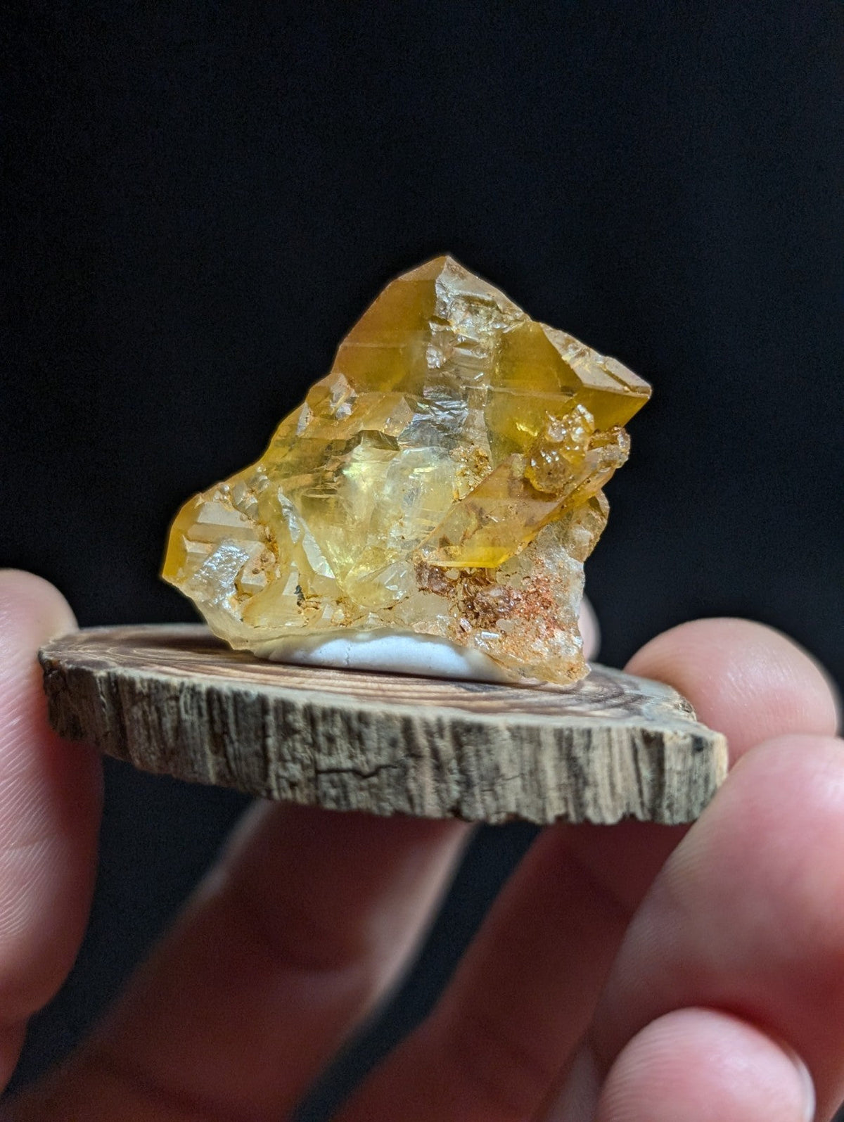 A translucent golden-yellow crystal with sharp, faceted edges rests on a rustic wooden slice.