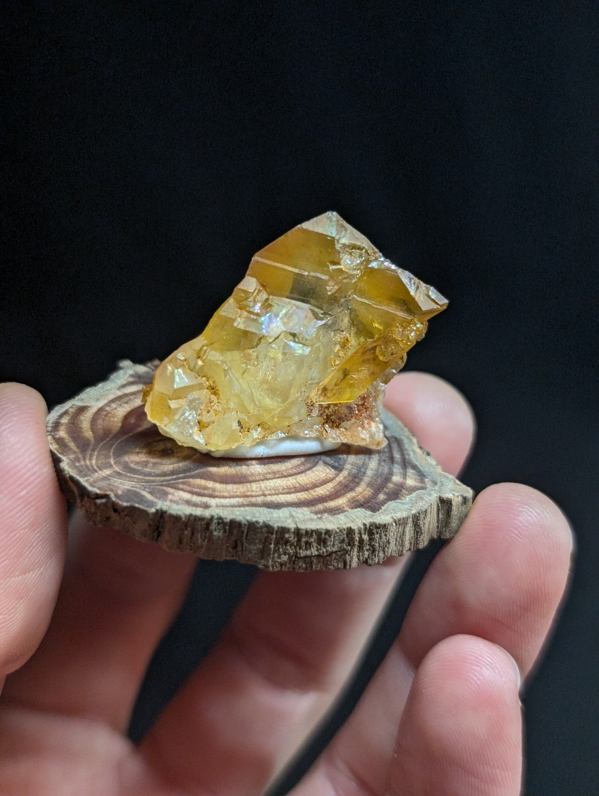 A translucent golden-yellow amber crystal with a rough, faceted surface rests on a circular wooden slice.