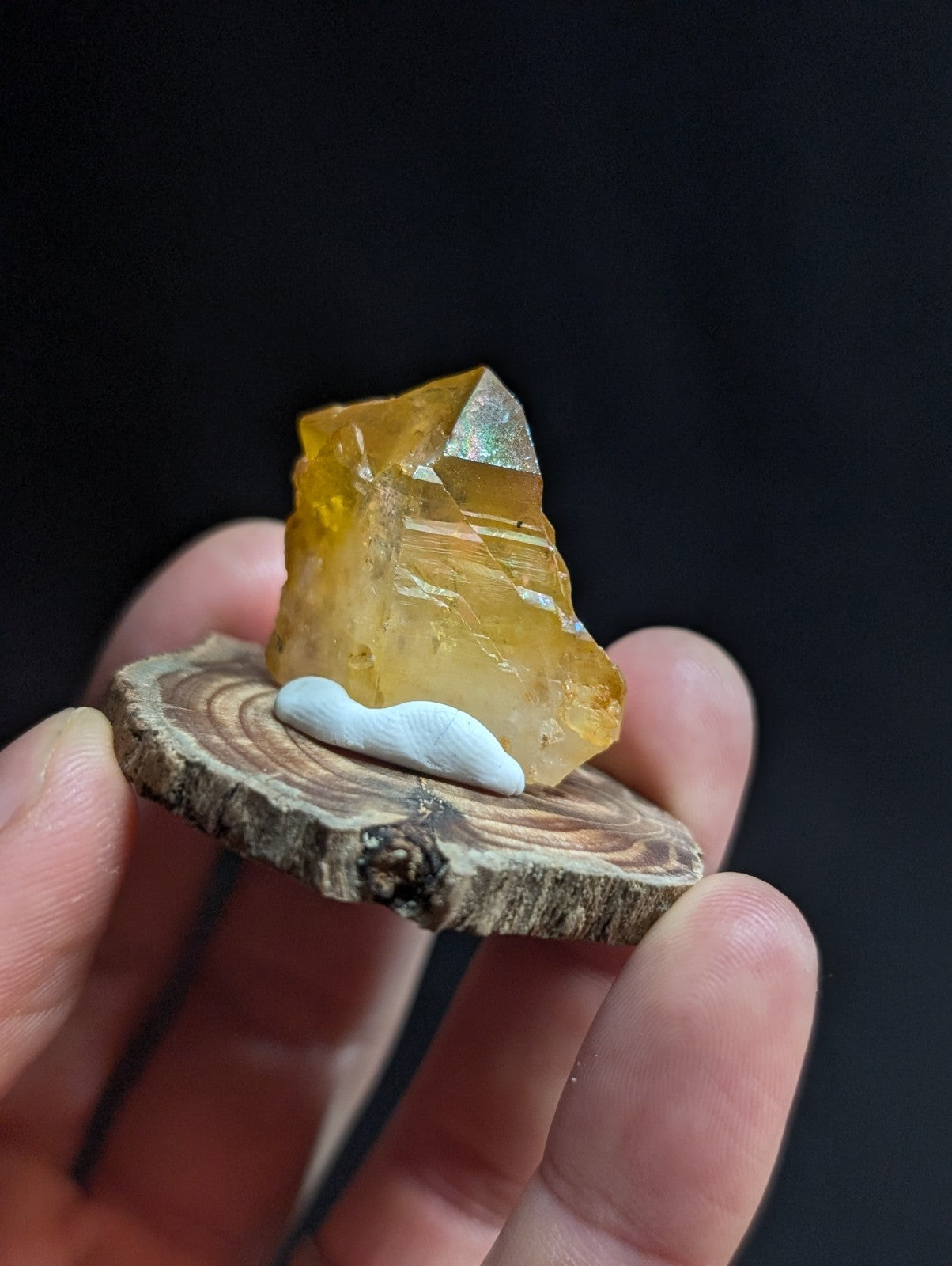 A translucent golden-yellow crystal with a pointed tip and iridescent facets, displayed on a rustic wooden slice.