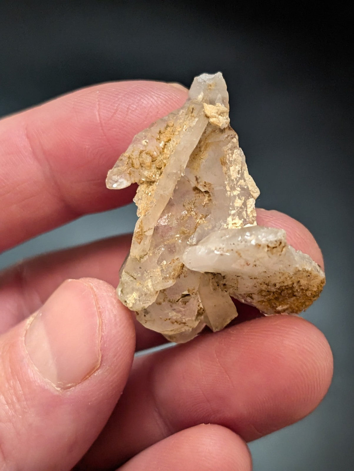 A translucent, pale quartz crystal cluster with golden mineral inclusions.