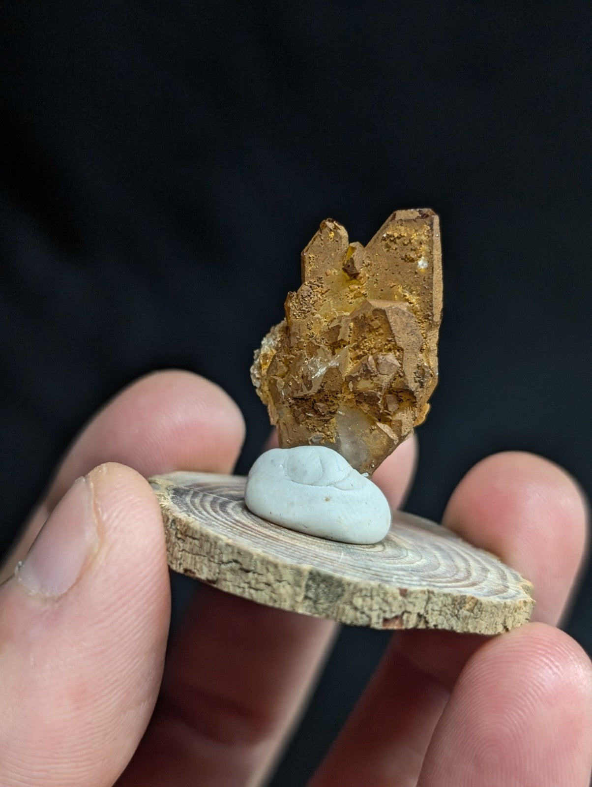 A golden-brown, crystalline mineral specimen with a rough, faceted surface sits atop a smooth, light blue stone resting on a circular wooden slice.