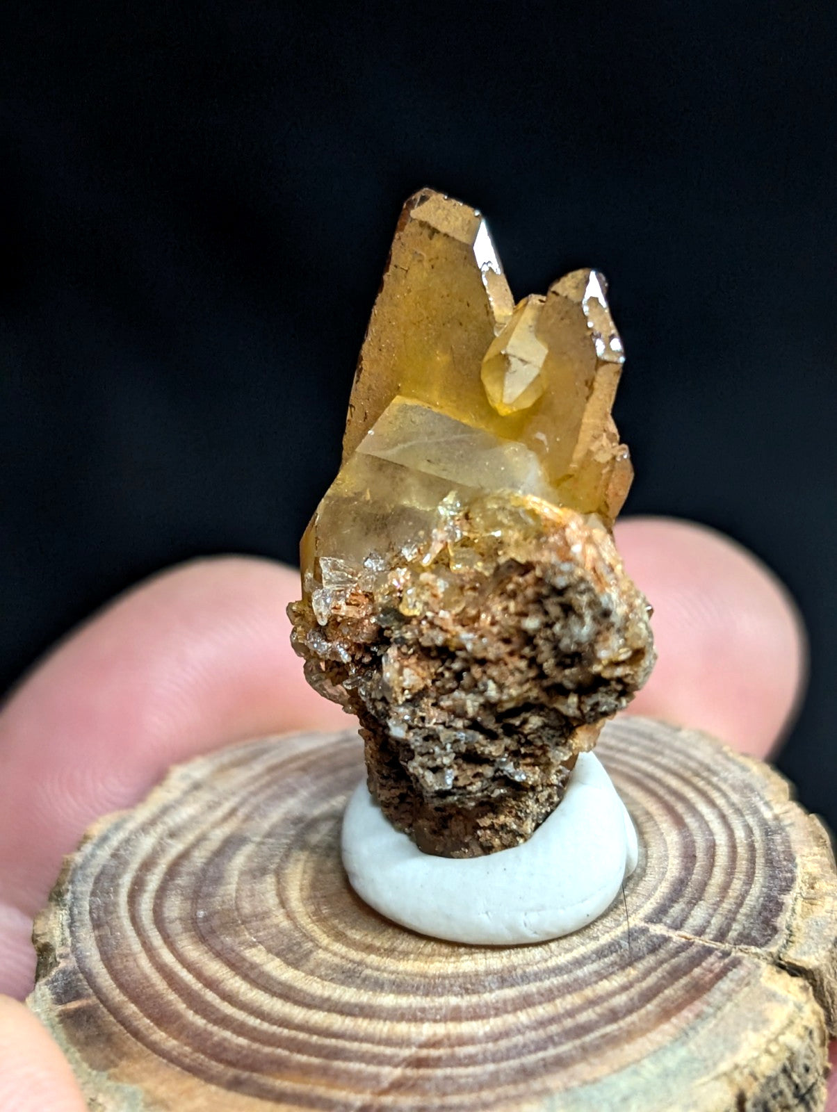 A golden-yellow citrine crystal cluster with sharp, translucent facets emerging from a rough brown matrix base.