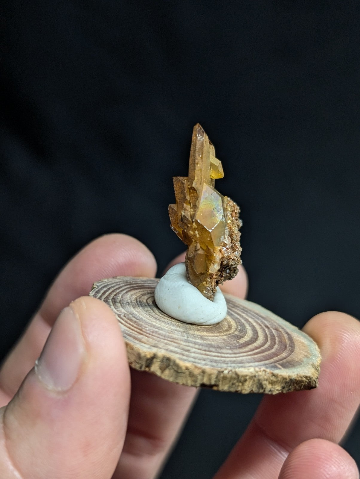 A golden-yellow, faceted mineral crystal cluster mounted on a smooth white stone base and displayed atop a rustic wooden slice.